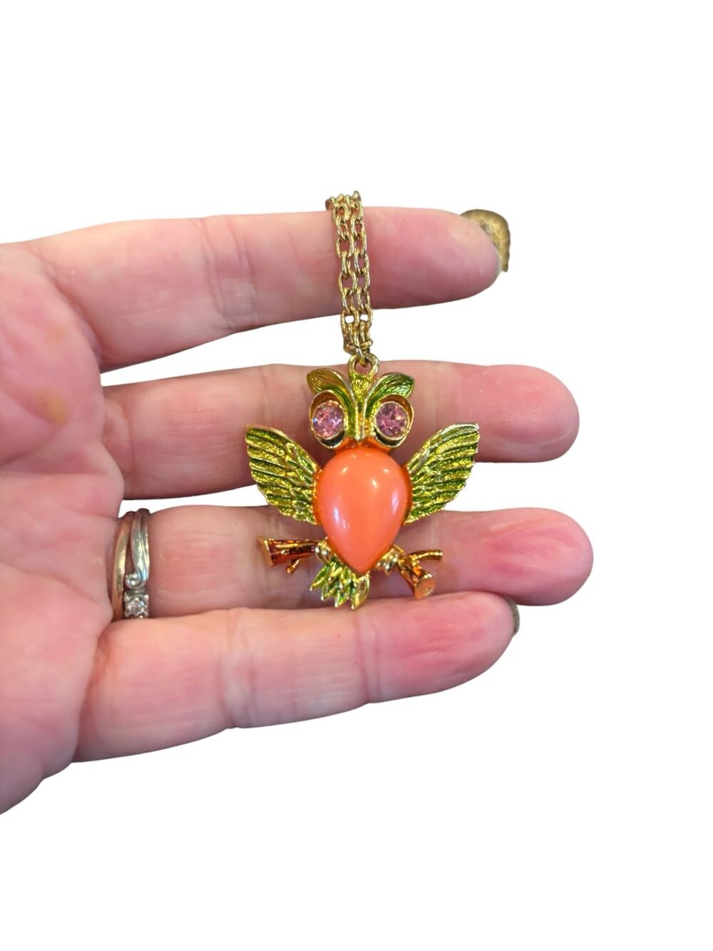 Vintage Owl Necklace 20” Orange Cabochon Pink Rhinestone Eyes Green Enamel